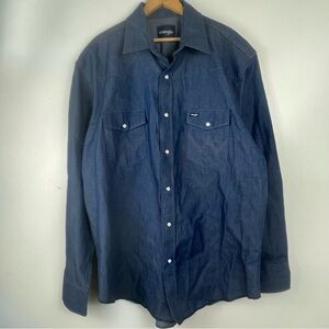 Wrangler Shirt Denim Pearl Snap Dark Wash Contrast Stitch XL Western Workwear
